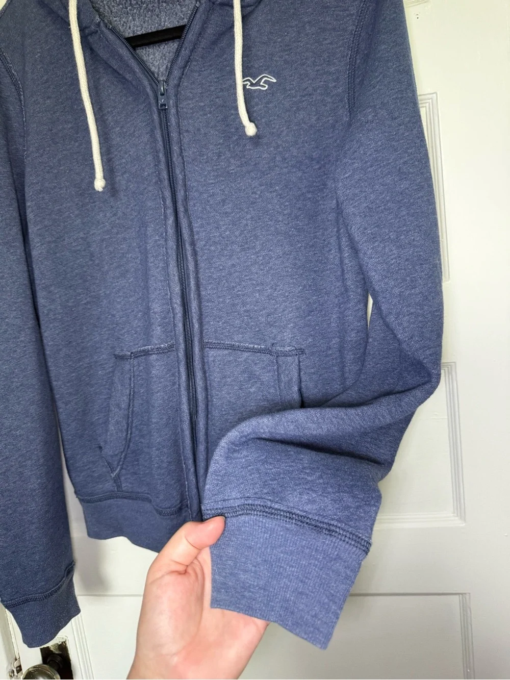 Hollister Co. Y2K Men’s Navy Blue Full-Zip Hoodie w/Drawstrings & Seagull Logo S